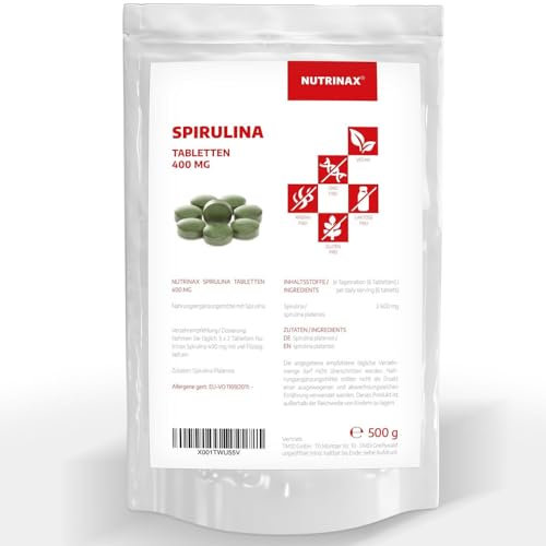 NUTRINAX Spirulina Presslinge | 400mg pro Tablette | hochdosiert | 2500 Tabletten | 1000g | vegan | ohne Zusatzstoffe | im praktischen Zip-Beutel