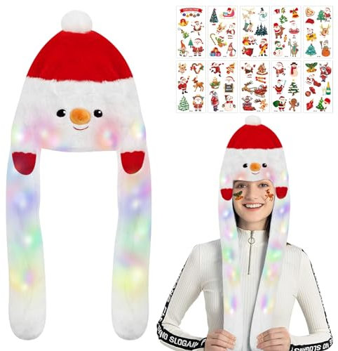 TaimeiMao Weihnachtsmütze Plüsch,LED Schneemannmütze mit Beweglichen Ohren,Weihnachts Schneemann Plüsch Hut,Glowing Snowman Hats,Elektrische Weihnachtsmütze für Erwachsene Kinder