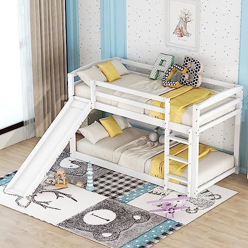 Kehun Kinderbett Etagenbett 90x200, Hochbett Hausbett mit Rutsche und Rausfallschutz für 2 Kinder, Holzbett mit Leiter, Bett Bettgestell aus Massivem Kiefernholz, Weiß, ohne Matratze