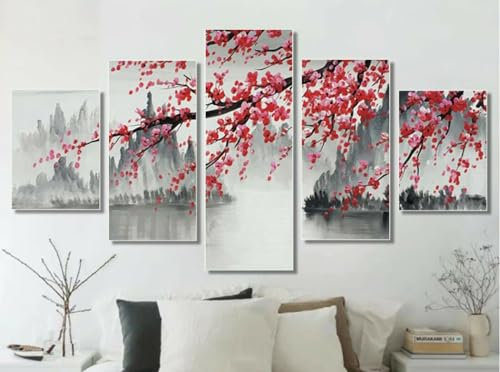 WAGYU 5 teilige leinwandbilder Chinesischer Landschaftsmalereibaum Kunstdrucke 5 Teilig Vlies Leinwandbild,Wandkunst 5 stück Leinwand Bilder,Wohnzimmer Wand Dekoration,mit rahmen xxl bilder 200x100cm