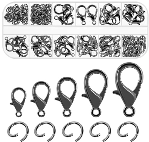 Swpeet 170Pcs Gun Schwarz 10mm 12mm 14mm 16mm 18mm Open Jump Ringe und 6mm Hummer Verschlüsse Kit, perfekte Schmuck Findings Kit für DIY Herstellung Lesezeichen Pinch Armband Halskette