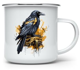 MAXIKIWI - Durable Enamel Coffee or Tea Camping Mug for Indoor Outdoor Use - Black Gold Painting Raven - 350ml