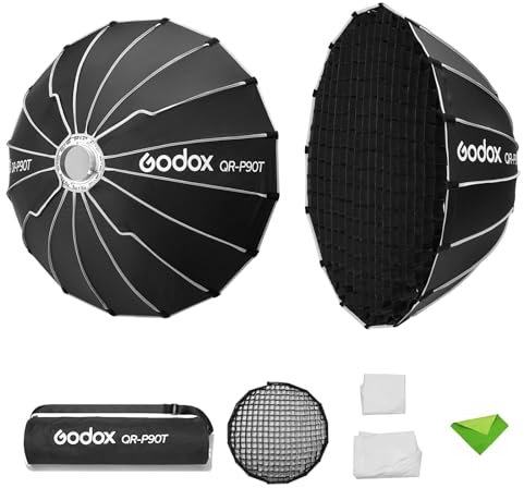 Godox QR-P90T Softbox parabolico da 90 cm/35,4 pollici+griglia a nido d'ape, Softbox con montaggio Bowens Diffusore di luce a sgancio rapido per streaming live in piccoli luoghi per SK400II SL-60W
