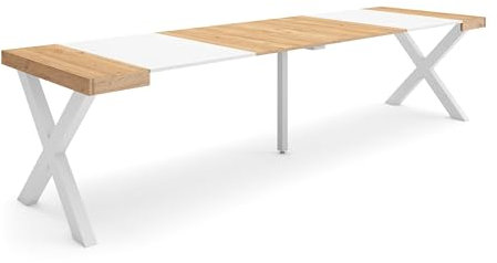 Skraut Home | Table Console Extensible | Console Meuble | 300 | pour 14 Personnes | Pieds Bois Massif | Style Moderne | Chêne et Blanc