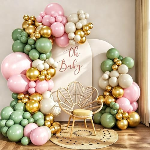Sage Green and Pink Balloon Arch Kit, 137 Pcs Blush Pastel Pink and Green Baby Shower Garland with White Sand Metalic Gold Balloons for Boho Girls Woodland Wedding Jungle Safari Birthday Party Decor
