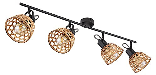 Globo Deckenleuchte Deckenstrahler Esszimmer Bambusgeflecht Deckenlampen aus Holz mit verstellbaren Spots, Metall schwarz, 4x E27 Fassung, LxBxT 80x13x19 cm