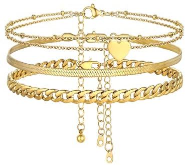 FOCALOOK 3 Pièces de Bracelet Cheville en Acier Inoxydable - Maille Gourmette 5mm, Maille Mirroir 3mm et Double Chaîne avec Coeur