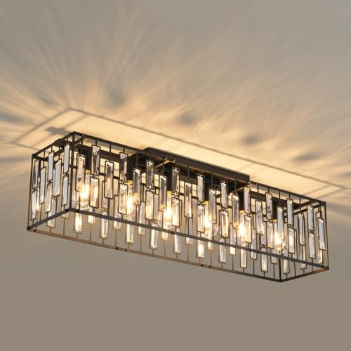 JIINOO Moderna Cristal Lámpara De Techo, 6 Luces Negros Lámparas De Techo, Clásicos Lámpara De Araña Rectangular Para Salon De Estar Cocina Pasillo Isla Bar, E27