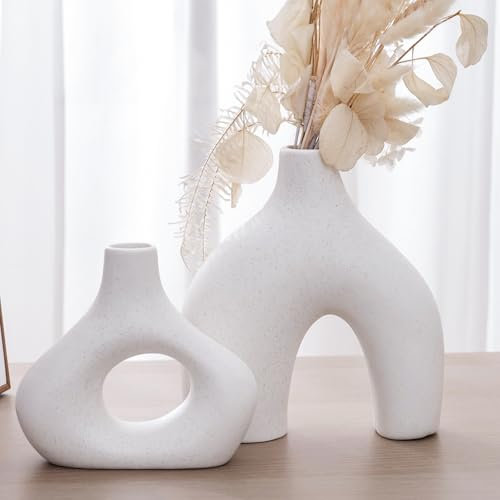 Vase, Donut-Vase, 2er-Set, nordische minimalistische weiße Keramik, hohle Donut-Vasen für moderne Heimdekoration, Tisch, Tafelaufsätze, Hochzeit, Wohnzimmer, Schreibtisch, Regal, Büro, Eingang,