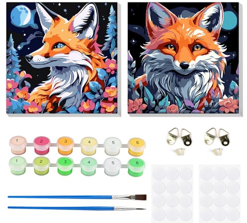 MOGTAA 2 Pack Animaux Peinture par Numéros Encadré, Acryliques Peinture par Numéros pour Adultes Débutants, DIY Renard Peinture par Numéros avec Pinceaux pour Décor de la maison 20x20cm