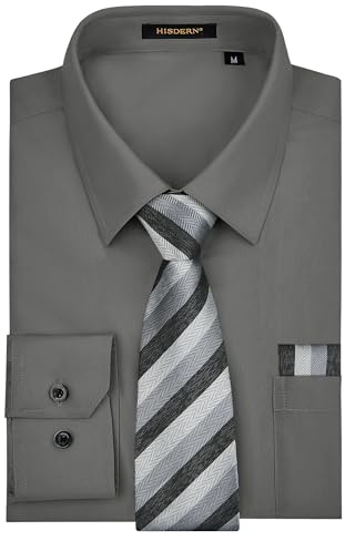 HISDERN Grey Dress Shirts for Men Formal Shirt and Tie Set Long Sleeve Solid Office Business with Pocket 4XL
