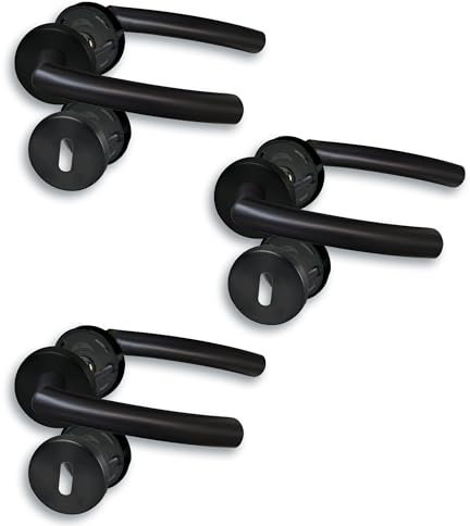 Rosettengarnitur II Türbeschlag im 3er Set, Edelstahl schwarz für 3 Zimmertüren mit Buntbartlochung, Cliprosette Ø52mm, Türklinke, Türgriff