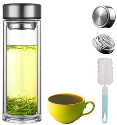 Pauzema 350 ml Double-Walled Glass Tea Bottle with Stainless Steel Strainer to Go, 12 oz, Tea Bottle 100% Leak-Proof