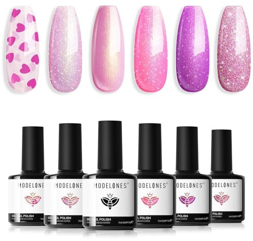 Modelones Gel Nail Polish, 6 Colors Pink Nude Purple Gel Nail Polish Set Soak Off Glitter Mermaid Nail Drawing Gel Polish Swirl Shell Thread Effect Nail Art DIY Manicure Salon and Home for Women
