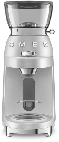 Smeg, Moulin à Café CGF02SSEU, Mouture Réglable, 50 Niveaux de Mouture, Réservoir à Grains de café 240g, Fonction Café Simple et Double, Système Antistatique, 150W, Aluminium Brossé