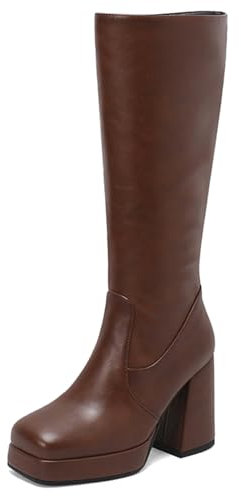 Donna Chunky Stivali a Metà Polpaccio con Plateau Tacco Alto Stivali Square Toe Zip Stivali da Vestito, O207243Hx Marrone Numero 41 EU/43Cn