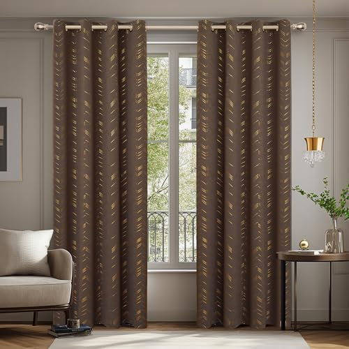 Deconovo Verdunkelungsvorhänge mit Ösen Blickdichte Gardinen Wohnzimmer Dicke Thermovorhänge Kälteschutz Thermogardine mit Linienmuster, 240x140 cm(HöhexBreite), Braun, 2er Set