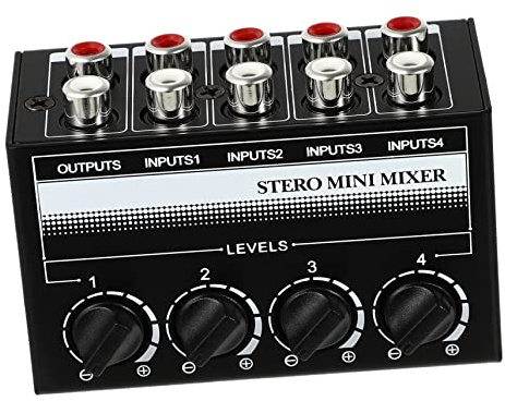 Tragbarer Audiomixer 4 Kanal Stereo Kleiner Mixer für Laptop und Telefon | Passiver Klangmischer mit 4 Eingängen und 1 Ausgang, Individuelle Pegelregelung, Schwarz