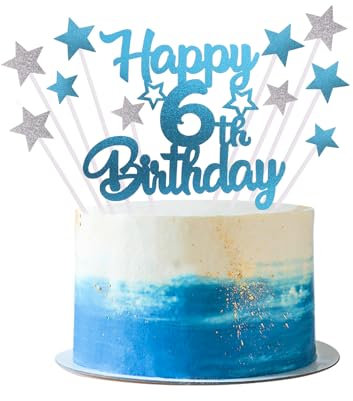 Iridsmole 6th Birthday Cake Topper, Number 6 Cake Toppers for Birthday Cake, Blue Star Cupcake Toppers, Happy 6th Birthday Cake Toppers, Blue Cake Topper for Girls Boys Birthday Decorations