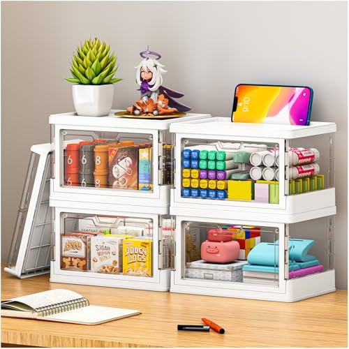 【Latest Model】Mini Stackable Storage Boxes with Lid - 4 Pack Multifunctional & Foldable Storage Box for Lego, Snacks, Stationery and Desk Supplies, Ideal for Desk Organiser Clear Organizer Boxes