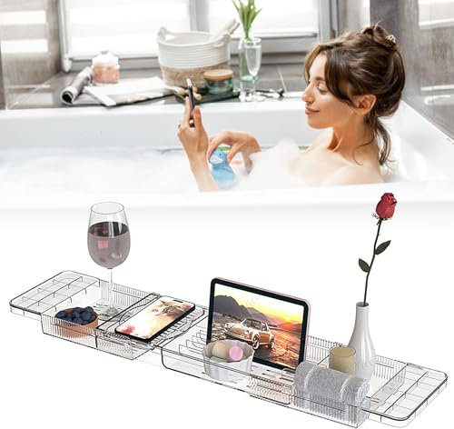 Plateau Baignoire en Acrylique,Pont de Baignoire,Tablette Baignoire Extensible,Plateau de Baignoire Transparent,Planche Baignoire,Support de Baignoire Qui s'adapte à Plupart des Tailles de Baignoire