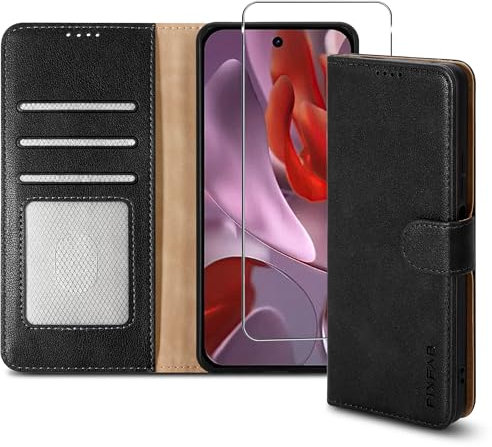 PIXFAB Case for Google Pixel 9A, Leather Wallet Phone Case, Magnetic Book Flip Folio Cover [RFID Protection & Card Slots] and [Kickstand] Phone Case with Screen Protector for Pixel 9A - Black