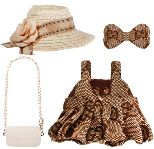 Doll Clothing Set for 15-17cm Dolls, Fashion Accessories with Straw Hat, Crossbody Bag, and Dress, Perfect Outfit Set for Unique Styling & Collectors, Brown