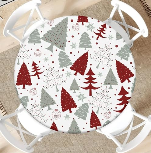 Outdoor Runde Tischdecke mit Gummizug Ø 36in(90cm)- Elastisch Garten tischdecke mit Rot-grüner Weihnachtsbaum Muster,Tische Gartentischdecke für Outdoor Küche Passend für 75-85cm