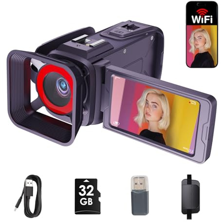 RAZPLYN 4K Videokamera Camcorder 64MP WiFi für YouTube Vlogging, 18X Digital Zoom 3 Zoll 270° Flip Screen, mit 32GB SD Karte & Kartenleser, Eingebauter 2500mAh Akku (Lila)