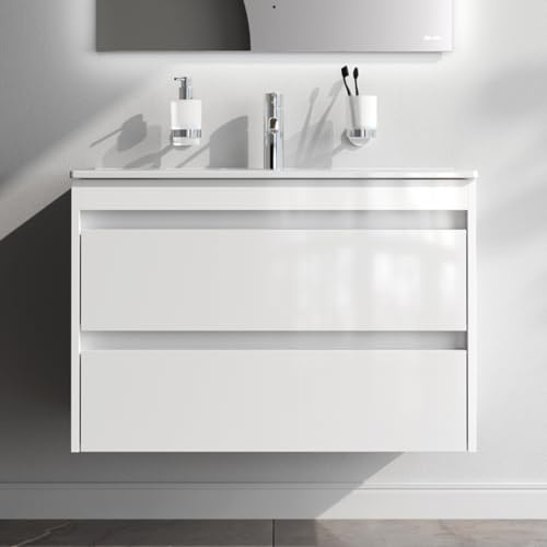 AM.PM Meuble de salle de bain à suspendre avec lavabo et WC d'invités, meuble sous-vasque avec 2 tiroirs, 55 cm de large, blanc brillant, HIT (pic, blanc, 81 cm)