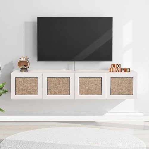 Zxarunas Estante Flotante for TV de Madera Maciza, Mueble for TV montado en la Pared, estantes flotantes de ratán con 4 Puertas, Almacenamiento Grande Debajo(Weiß)