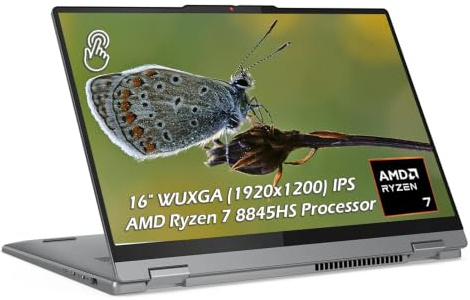 Lenovo IdeaPad 5 - Computer portatile 2 in 1, touchscreen WUXGA da 16, AMD Ryzen 7 8845HS, 16 GB di RAM, SSD da 512 GB, grafica AMD Radeon, KB retroilluminato, Wi-Fi6, lettore FP, Win11, Luna Grey