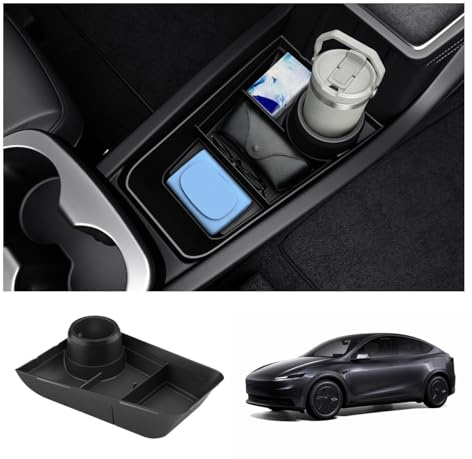 Spigen Tesla Model Y Juniper 2025 2026 (NUR Standard) Organizer für die untere Mittelkonsole mit Getränkehalter, Multifunktionale Aufbewahrungsbox, Premium-Innenraum-Zubehör für Tesla Model Y Juniper