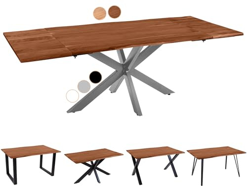 SAM Baumkantentisch 180 (280) x 90 cm Avino, Akazienholz nussbaumfarben & massiv, Esszimmertisch mit 2 Ansteckplatten, Silbernes Spider-Metallgestell, Esstisch ausziehbar 8-10 Personen