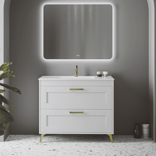 Mueble de Baño A Suelo con Lavabo Cerámico | Mueble Baño con Patas 2 Cajones con Tirador | 100 cm Blanco Mate Tirador Oro