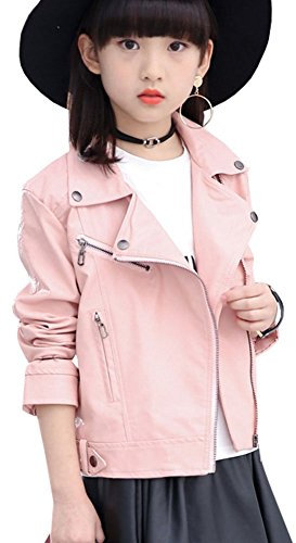 LSERVER Bambina Giacca Biker Cuoio Ragazza Semipelle Giacche Biker da Moda, Rosa, 7-8 Anni (Etichetta: 150 cm)
