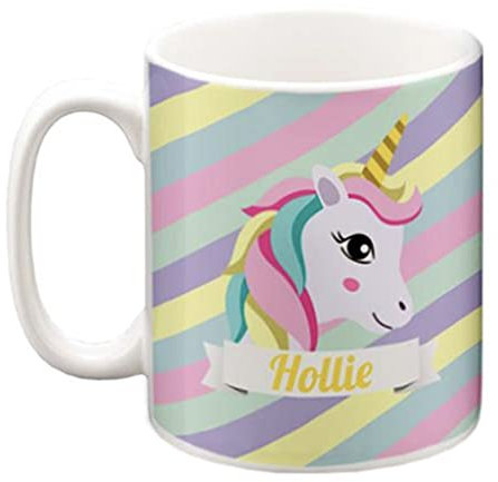 MakeThisMine Kids Ensemble de tasses et de sous-verres licorne à rayures personnalisables avec n'importe quel nom pour les amis de la famille Tasse en céramique chaude et froide de 10 oz uniquement