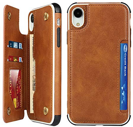 Cavor for iPhone Xr Case with Card Holder,for iPhone Xr Wallet Case for Women Men,Phone Case for iPhone Xr Case with Stand and Strap,Leather Shockproof Protective Case for iPhone Xr- Brown