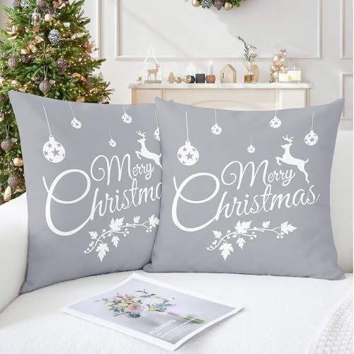 CaliTime Kissenbezüge Kissenhülle Packung mit 2 weichen Leinenbezügen Dekokissen Cases für Couchsofa Wohnkultur Frohe Weihnachten Weiß Rentier 50cm x 50cm Grau