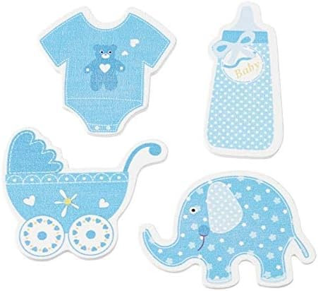 Holz Streu-Deko Streu-Teile Konfetti Holz-Sticker BABY BOY blau Flasche Kinderwagen Body & Elefant Tisch-Deko Baby-Party Taufe Geburt Junge Bastelzubehör 2 Beutel = 24 Streuteile