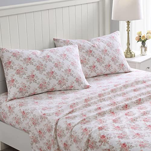 Laura Ashley - Juego de sábanas King, Ropa de Cama de Franela de algodón, Cepillado para Mayor suavidad y Comodidad (Lisalee Pink, King)