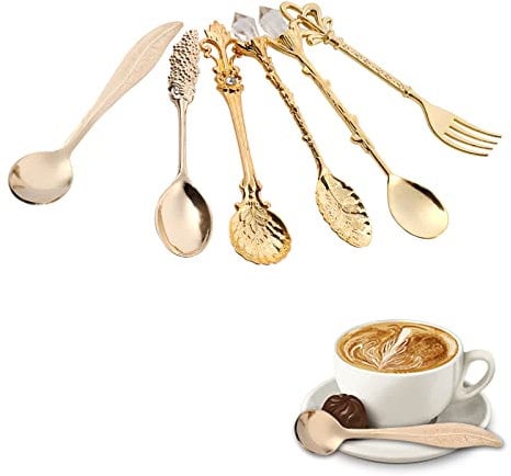 Juego de 6 cubertería vintage de metal tallado para postre, Cucharillas De Café y Tenedores Vintage, Tenedor de Fruta Estilo Royal, Cuchara de Postre de café para cocina, comedor, bar(Dorado)