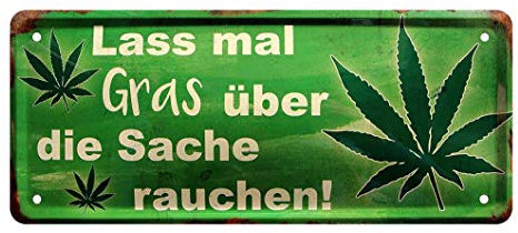 Blechschild Lass mal Gras über die Sache rauchen - Retro Deko Schild - Cannabis Joint Weed Hanf Marihuana Pott Gras Dope Raucher - Metallschild lustiger Spruch - Pflanzenliebhaber Kiffer - 28x12cm