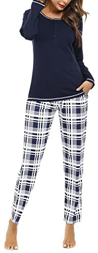 Litherday Pigiama Donna Invernale in Cotone Pigiama Lungo a Manica Lunga con Tasche Set Due Pezzi Morbido e Confortevole B-Marina Militare S