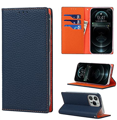 Copmob Case Compatible for iPhone 13 Pro Max,Premium Genuine Leather Flip Wallet Case,[3 Card Slots][Magnetic Closure][RFID-Blocking],Protective Case Cover for iPhone 13 Pro Max - Dark Blue