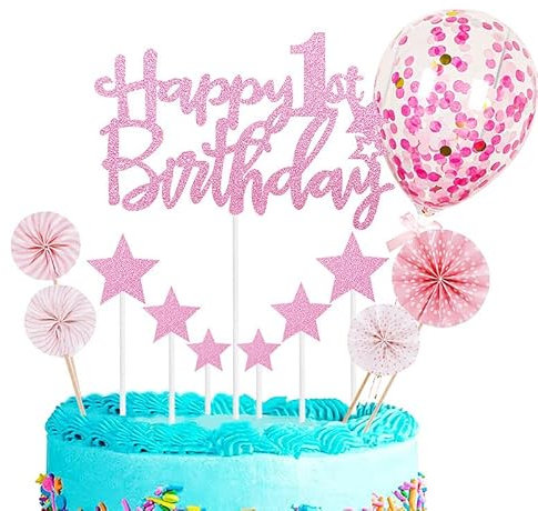 Personalised Happy 1st Birthday Cake Toppers Pink for Baby Boy&Girl,Happy Birthday Sign for Cake,12p Glitter Cupcake Toppers Cake Toppers 1st Birthday Cake Decorations for 1st Birthday Party Supplies