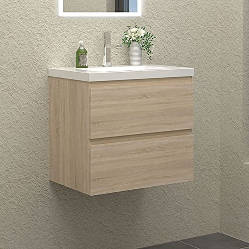 HAPAOSO Waschbecken mit unterschrank Badezimmer 60 cm Breit Badmöbel Set mit Waschbecken und 2 Soft-Close Schubladen Waschtisch Unterschrank Eiche für Badezimmer Hängend
