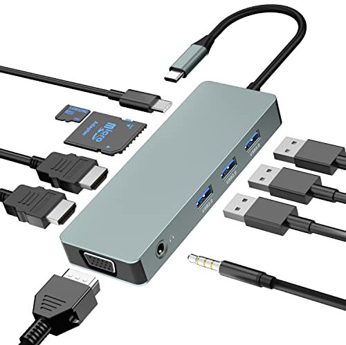 10 IN 1 USB-C Docking Station,USB Typ C to 4K 30Hz HDMI 1080P VGA, 100W PD, USB 2.0+USB3.0, SD/TF-Lesegerät, 3.5-mm-Audio für HP/MacBook/Dell/Lenovo-Laptops