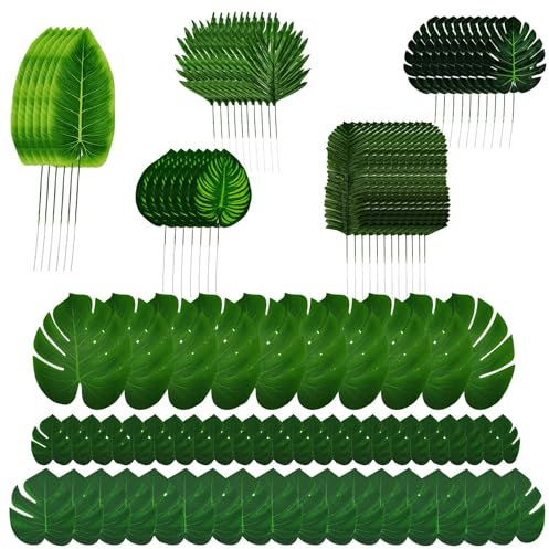 96PCS Artificial Tropical Leaves,Jungle Party Decorations, 8 Kinds Of Fake Monstera Leaves,Tropical Plant Faux Leaves For Hawaiian Luau Theme Beach Party Table Wedding Christmas Decor