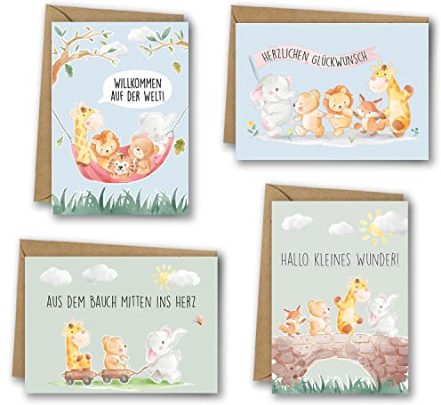 Ninky® 4 Glückwunschkarte Geburt Karte Geburt Mädchen und Junge als Klappkarte mit Umschlag - Baby Karte Geburt Baby Tiere | 4er Set Grußkarten Babykarten als Geschenk zur Geburt